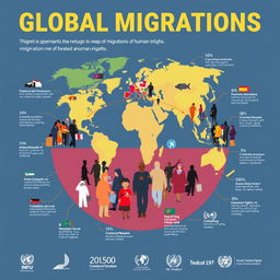 An infographic or poster illustrating global migration trends, depicting diverse groups of people in different regions migrating for various reasons such as economic opportunities, conflict, or climate change