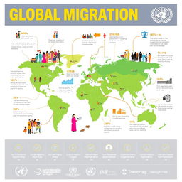 An infographic or poster illustrating global migration trends, depicting diverse groups of people in different regions migrating for various reasons such as economic opportunities, conflict, or climate change