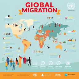 An infographic or poster illustrating global migration trends, depicting diverse groups of people in different regions migrating for various reasons such as economic opportunities, conflict, or climate change