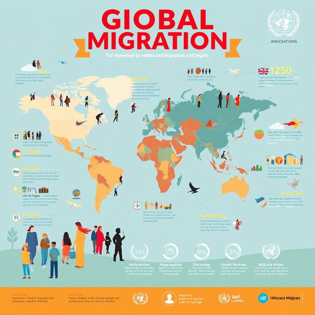 An infographic or poster illustrating global migration trends, depicting diverse groups of people in different regions migrating for various reasons such as economic opportunities, conflict, or climate change