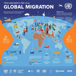 An infographic or poster illustrating global migration trends, depicting diverse groups of people in different regions migrating for various reasons such as economic opportunities, conflict, or climate change