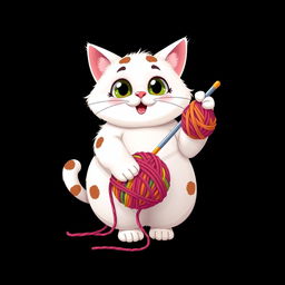 A cartoonish and adorable big fat white cat with brown spots, playfully holding a crochet hook and a ball of colorful yarn