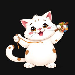 A cartoonish and adorable big fat white cat with brown spots, playfully holding a crochet hook and a ball of colorful yarn