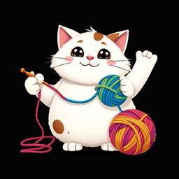 A cartoonish and adorable big fat white cat with brown spots, playfully holding a crochet hook and a ball of colorful yarn