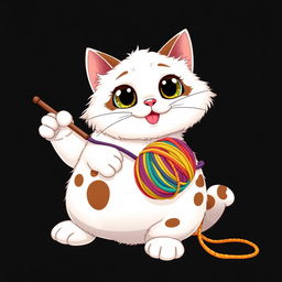 A cartoonish and adorable big fat white cat with brown spots, playfully holding a crochet hook and a ball of colorful yarn