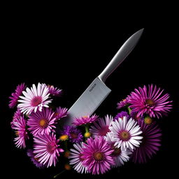 A striking book cover design featuring a sleek, sharp knife positioned prominently in the center against a dark, dramatic background