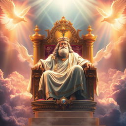 A majestic portrayal of God sitting on a magnificent throne in a grand celestial realm