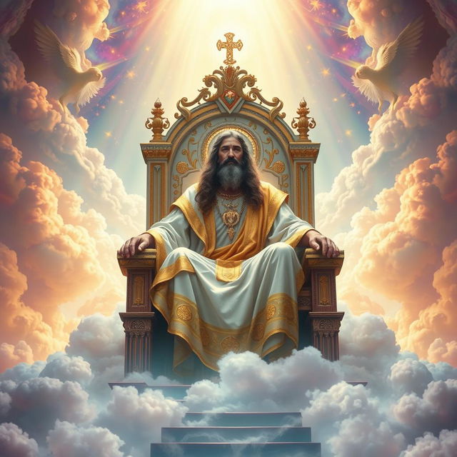 A majestic portrayal of God sitting on a magnificent throne in a grand celestial realm