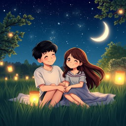 A serene summer night scene depicting a boy with smooth black hair and a girl with flowing brown hair