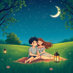 A serene summer night scene depicting a boy with smooth black hair and a girl with flowing brown hair