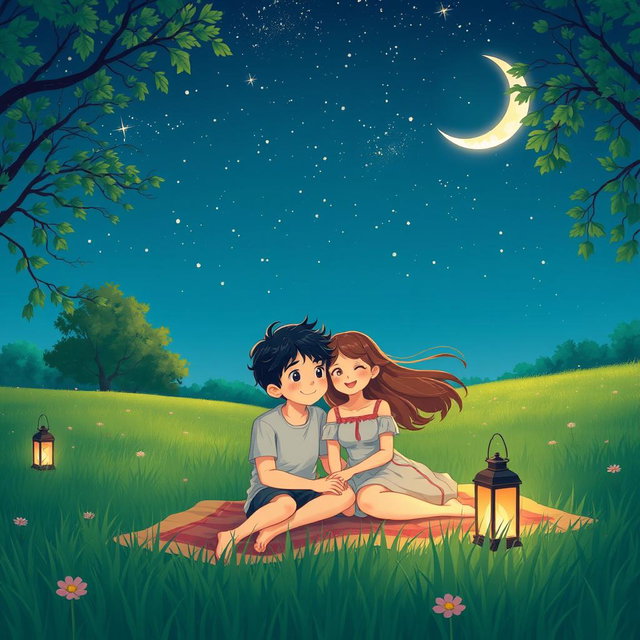 A serene summer night scene depicting a boy with smooth black hair and a girl with flowing brown hair