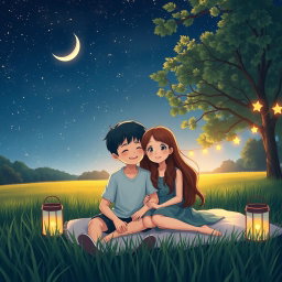 A serene summer night scene depicting a boy with smooth black hair and a girl with flowing brown hair