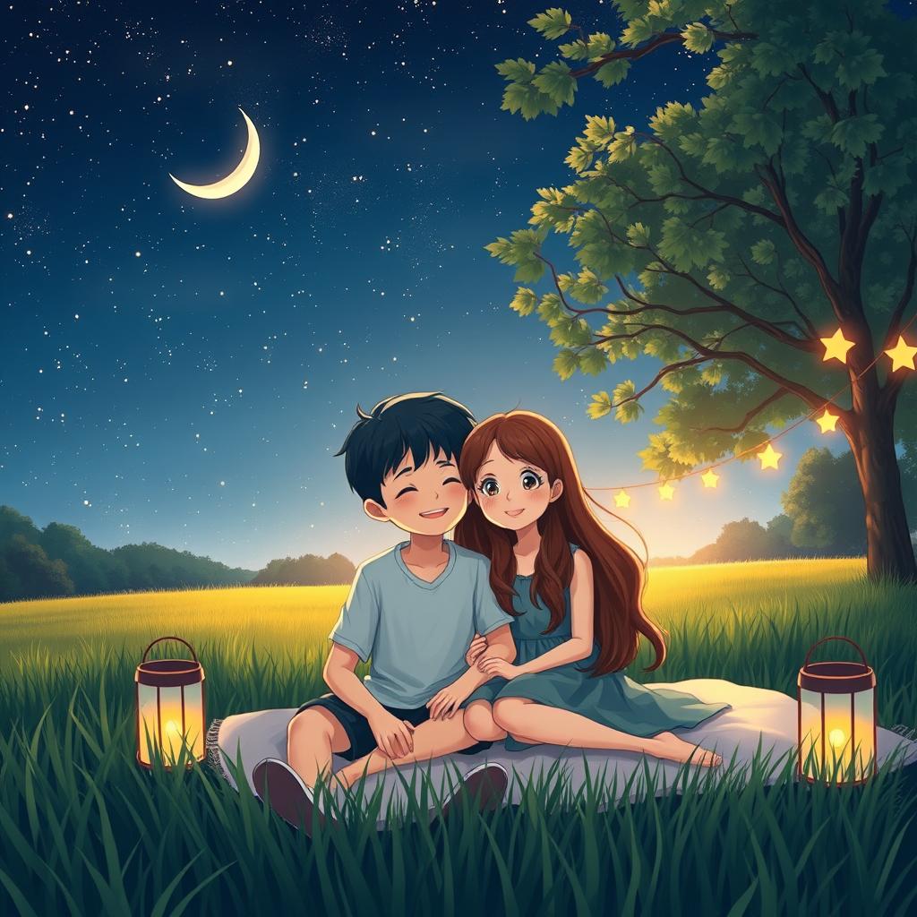 A serene summer night scene depicting a boy with smooth black hair and a girl with flowing brown hair