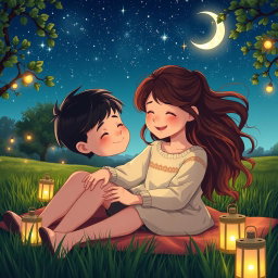 A serene summer night scene depicting a boy with smooth black hair and a girl with flowing brown hair