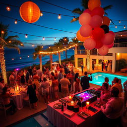A vibrant and lively party scene inspired by Sean 'Diddy' Combs' luxurious lifestyle, featuring a lavish outdoor setting decorated with string lights and elegant table settings