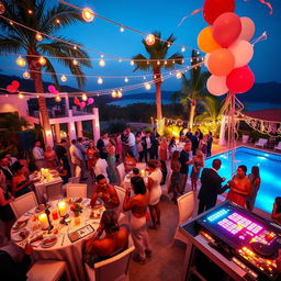 A vibrant and lively party scene inspired by Sean 'Diddy' Combs' luxurious lifestyle, featuring a lavish outdoor setting decorated with string lights and elegant table settings