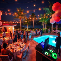 A vibrant and lively party scene inspired by Sean 'Diddy' Combs' luxurious lifestyle, featuring a lavish outdoor setting decorated with string lights and elegant table settings
