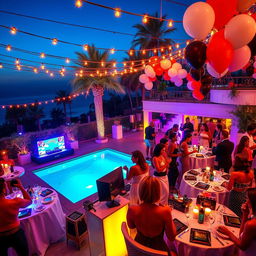 A vibrant and lively party scene inspired by Sean 'Diddy' Combs' luxurious lifestyle, featuring a lavish outdoor setting decorated with string lights and elegant table settings