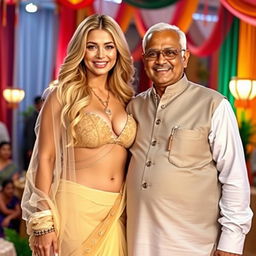 A curvy blonde woman wearing a sexy transparent saree, complemented by a bikini blouse that accentuates her cleavage and navel, poses confidently next to an Indian politician