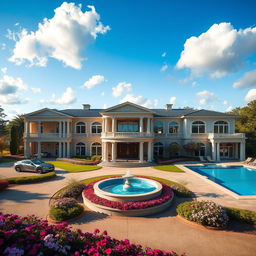 An opulent mansion set in a picturesque landscape, showcasing grand architecture with large columns, expansive windows, and a beautifully manicured garden