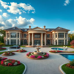 An opulent mansion set in a picturesque landscape, showcasing grand architecture with large columns, expansive windows, and a beautifully manicured garden