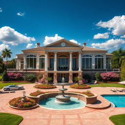 An opulent mansion set in a picturesque landscape, showcasing grand architecture with large columns, expansive windows, and a beautifully manicured garden
