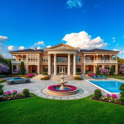 An opulent mansion set in a picturesque landscape, showcasing grand architecture with large columns, expansive windows, and a beautifully manicured garden