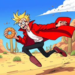 A dynamic scene featuring Vash the Stampede from the Trigun manga, energetically running while eating a donut
