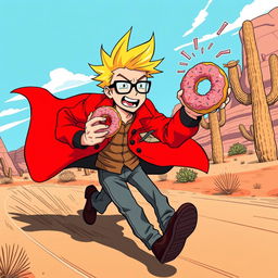 A dynamic scene featuring Vash the Stampede from the Trigun manga, energetically running while eating a donut