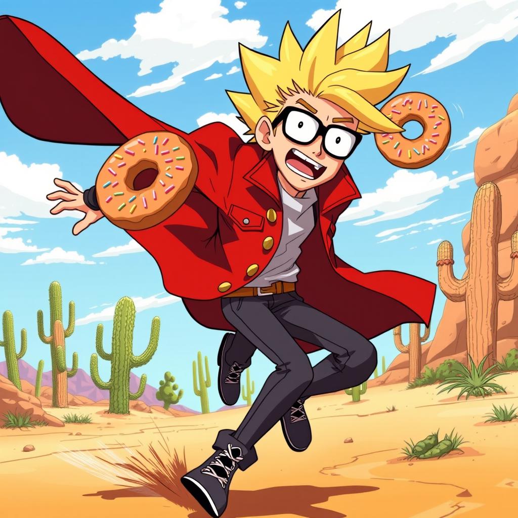 A dynamic scene featuring Vash the Stampede from the Trigun manga, energetically running while eating a donut