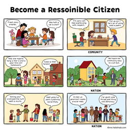 A comic strip showing the steps to become a responsible citizen in different environments: 1