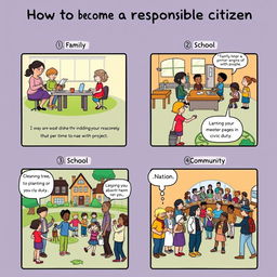 A comic strip showing the steps to become a responsible citizen in different environments: 1