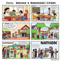 A comic strip showing the steps to become a responsible citizen in different environments: 1