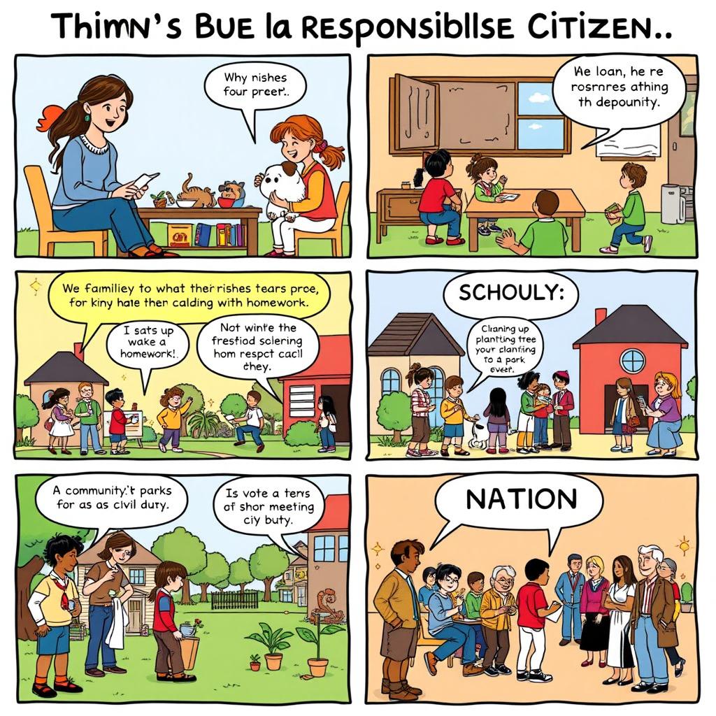 A comic strip showing the steps to become a responsible citizen in different environments: 1