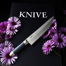 A dramatic book cover design featuring a real knife with a sharp, stainless steel blade positioned prominently in the center