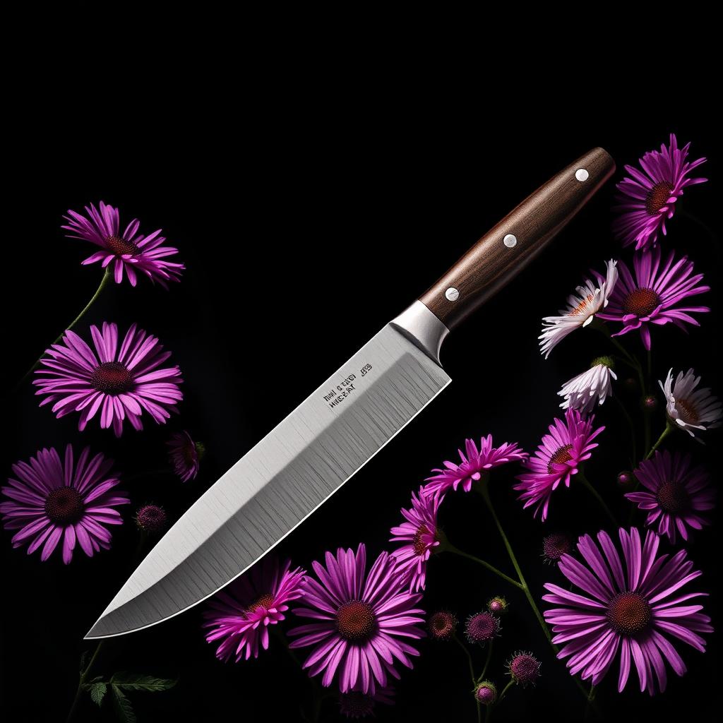 A dramatic book cover design featuring a real knife with a sharp, stainless steel blade positioned prominently in the center