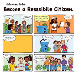 A colorful, engaging comic strip depicting a step-by-step guide on becoming a responsible citizen