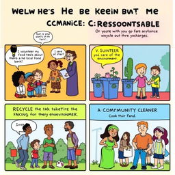 A colorful, engaging comic strip depicting a step-by-step guide on becoming a responsible citizen