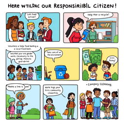 A colorful, engaging comic strip depicting a step-by-step guide on becoming a responsible citizen