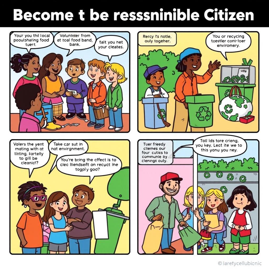 A colorful, engaging comic strip depicting a step-by-step guide on becoming a responsible citizen