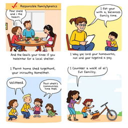 A vibrant comic strip illustrating a family engaging in various activities that showcase responsible family dynamics