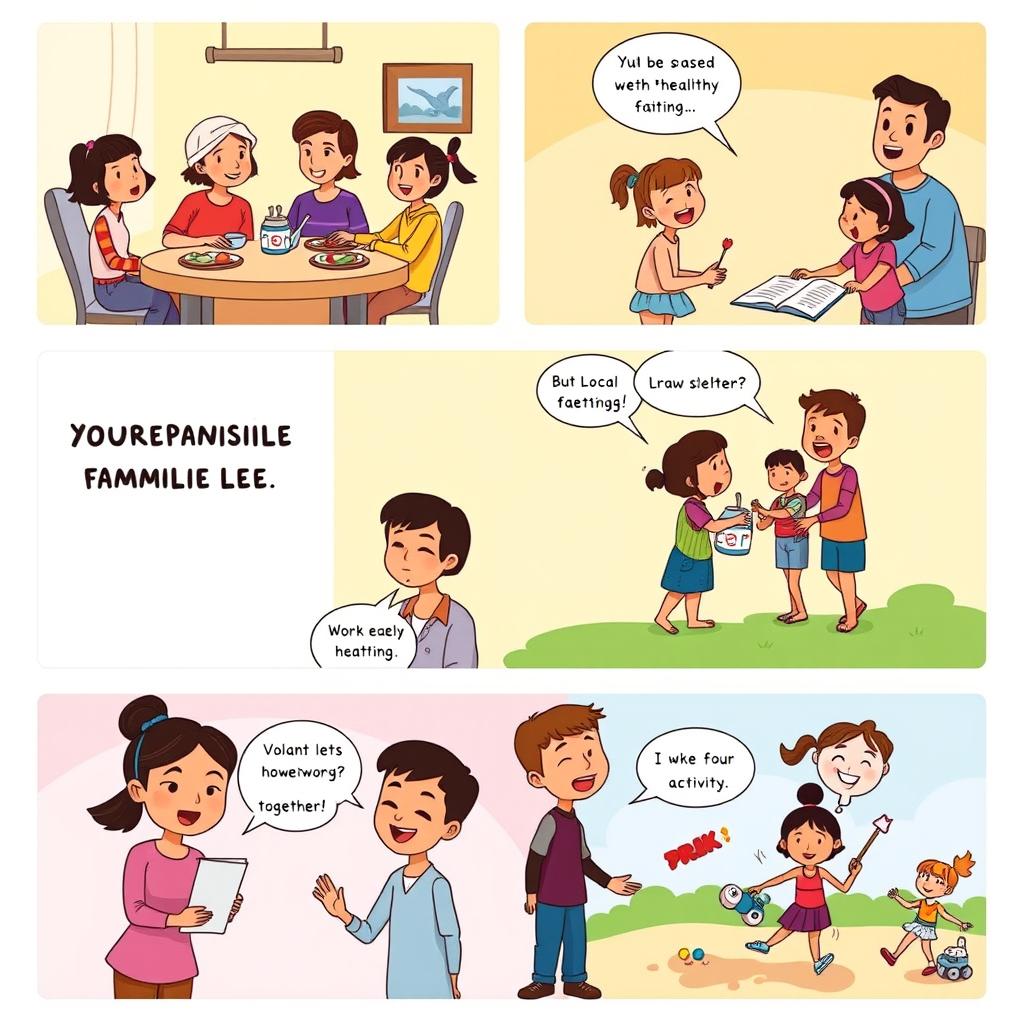 A vibrant comic strip illustrating a family engaging in various activities that showcase responsible family dynamics
