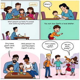 A vibrant comic strip illustrating a family engaging in various activities that showcase responsible family dynamics