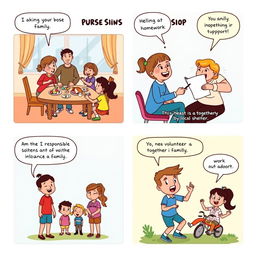 A vibrant comic strip illustrating a family engaging in various activities that showcase responsible family dynamics