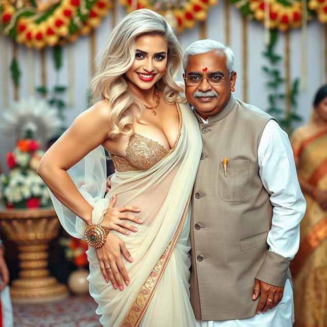 A curvy blonde woman in a sexy transparent saree, elegantly draping around her figure, paired with a stylish bikini blouse that showcases her cleavage and navel