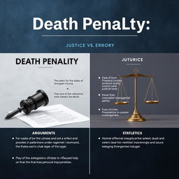 An engaging argument poster titled "Death Penalty: Justice vs Error" designed with a realistic and neutral aesthetic