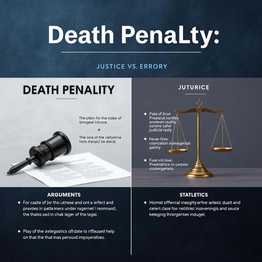 An engaging argument poster titled "Death Penalty: Justice vs Error" designed with a realistic and neutral aesthetic