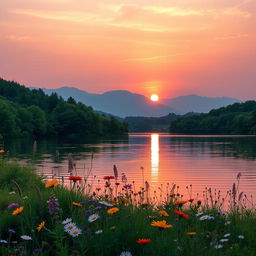 A full vibrant landscape scene featuring the sun setting over a serene lake surrounded by lush green trees