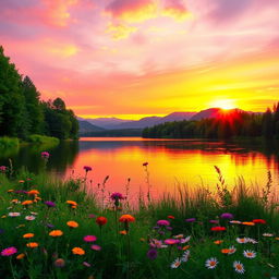 A full vibrant landscape scene featuring the sun setting over a serene lake surrounded by lush green trees