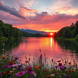 A full vibrant landscape scene featuring the sun setting over a serene lake surrounded by lush green trees